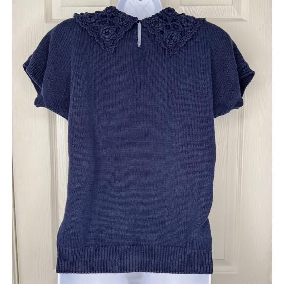 VTG Crochet Collar Short Sleeve Sweater Womens M Navy Blue Preppy GrannyCore - Picture 2 of 14
